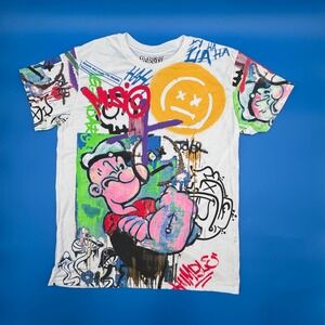 Popeye Mens Large Graffiti Graphic T-Shirt White Street Art Smiley Face Tee